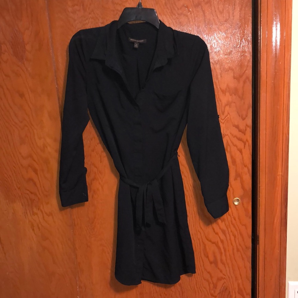 Black silk long-sleeve shirt dress